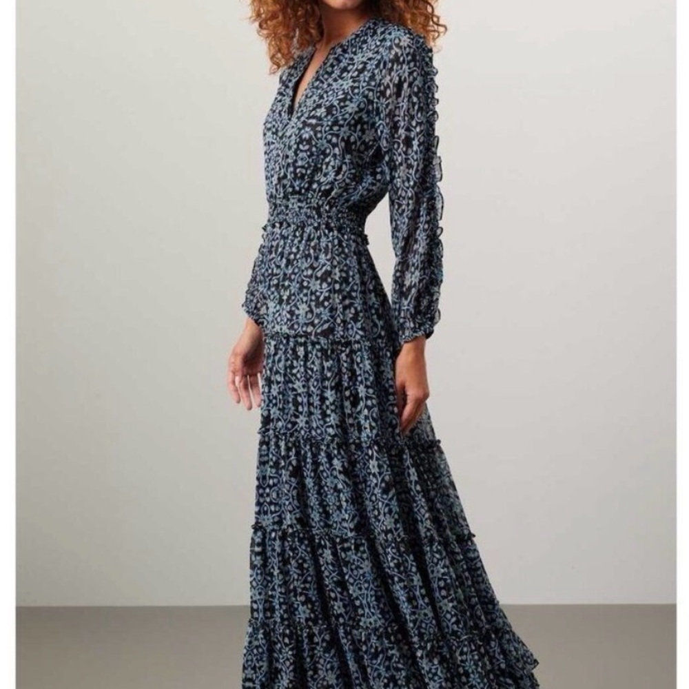 Misa Los Angeles Navy Patterned Long Sleeve Dress